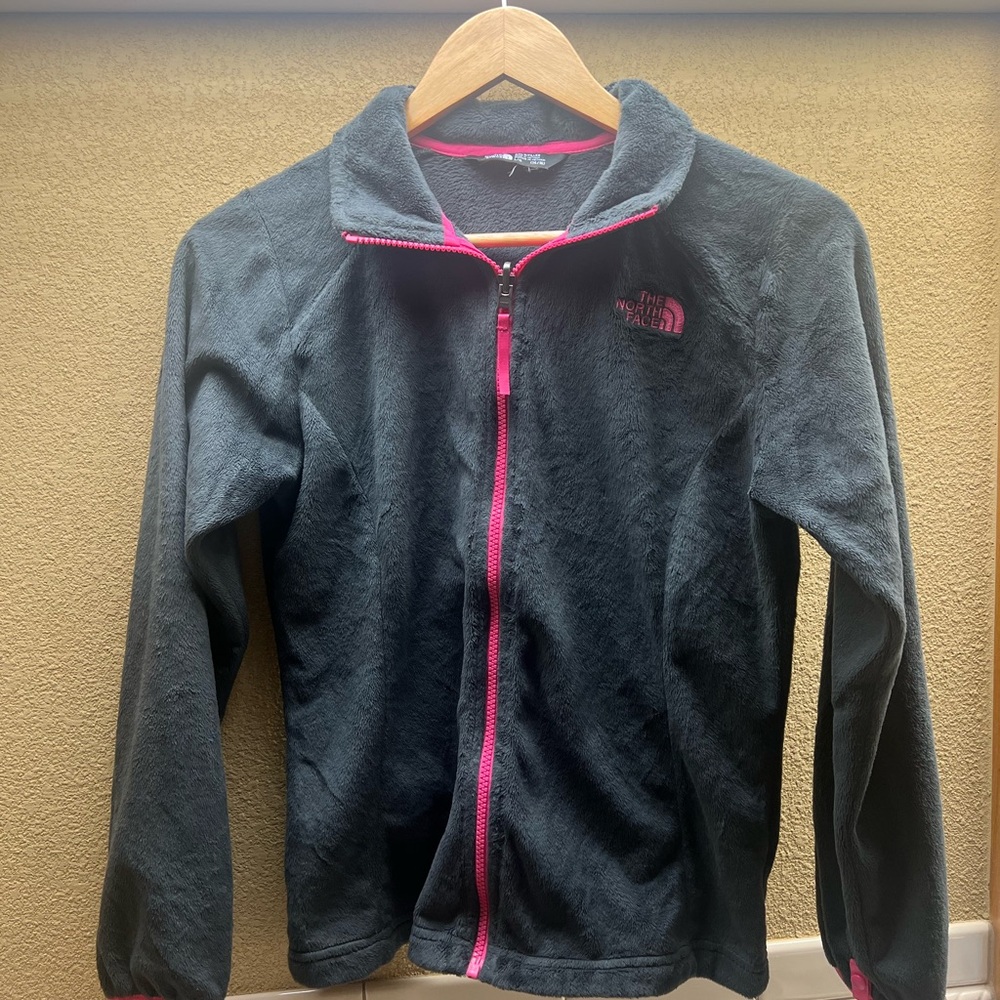 The North Face Girls 14/16 Charcoal Fleece Jacket with Pink Trim